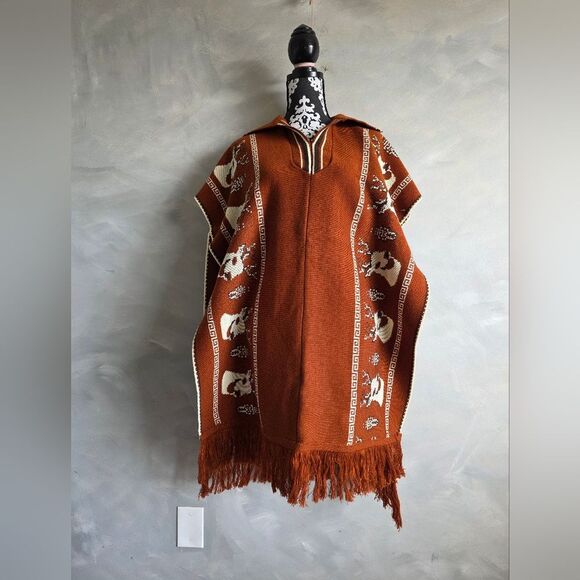 Vintage Wrap Poncho Sweater with Fringe Deer Hippie Rustic Aztec Southwestern OS - Picture 1 of 11